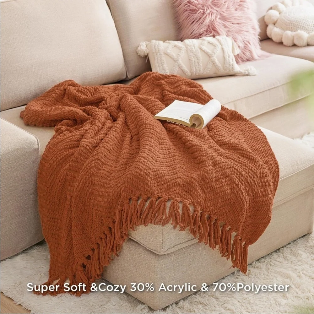 Rustic Orange Chevron Tassel Soft Throw Blanket for Couch Bedroom Dorm Picnic